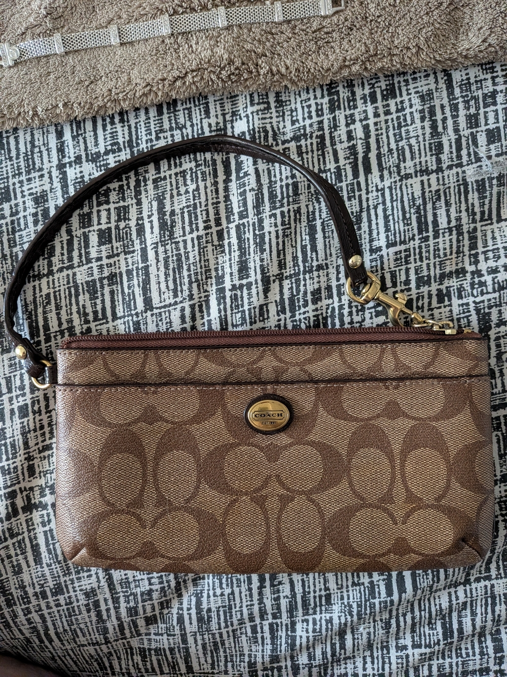 Coach Brown Signature Canvas Wristlet with Dark Brown Trim